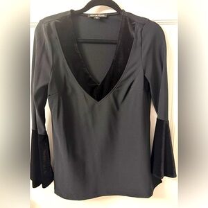 Boston Proper Black Deep V-Neck Blouse with velvet trim S